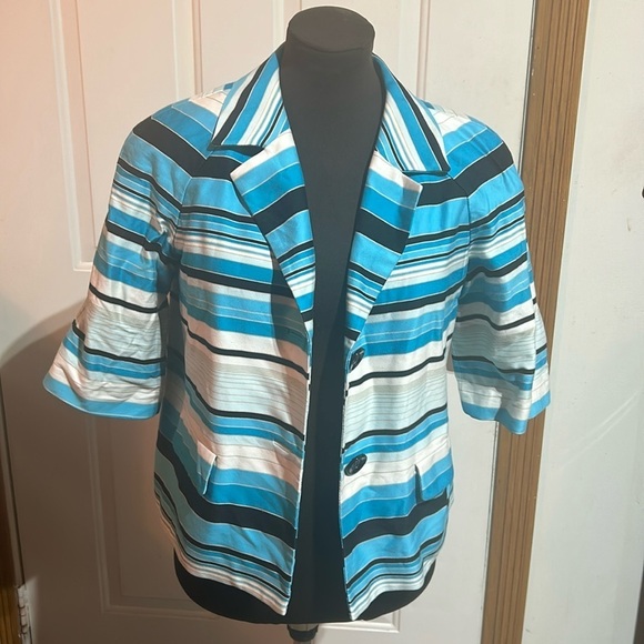 Talbots Blue, Black, and Cream Striped 3/4 Sleeve Dress Jacket Size 10P - Picture 1 of 5